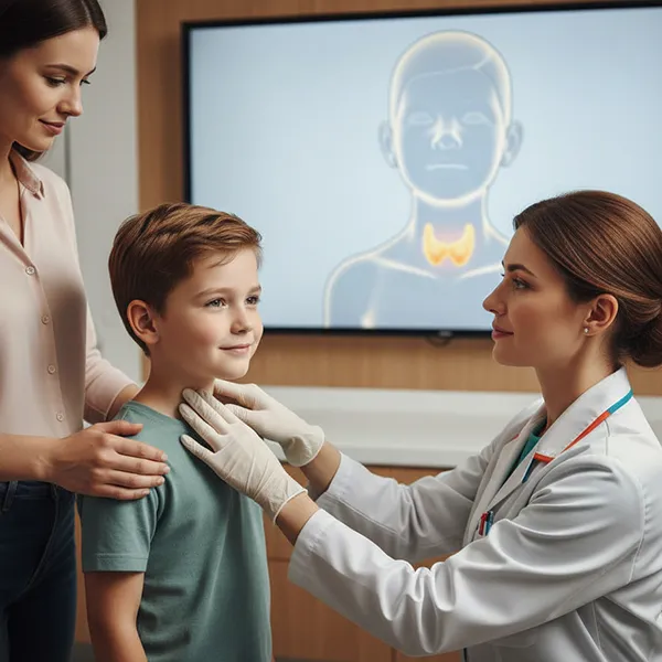 پزشک در حال معاینه تیروئید کودک می باشد